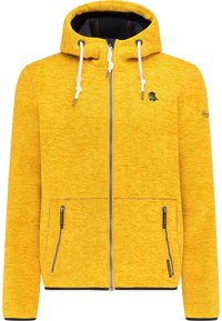 Gul zip-up hoodie med en texturerad mönster, två framfickor med dragkedja och en huva. Har dragsnören och en logotyp på bröstet.