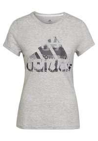 T-shirt gris à manches courtes en coton, avec un grand logo graphique noir au centre comportant des motifs géométriques. Design à col rond.