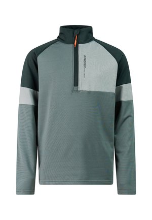 Langärmeliger grüner und dunkelgrauer Pullover mit einer Brustreißverschluss und hellgrauen horizontalen Streifen an den Oberarmen.