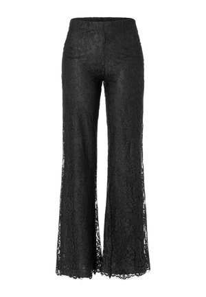 Schwarze hoch taillierte Spitzenhose mit floralen Mustern und leicht ausgestellten Beinen, mit gefüttertem Innenfutter und wellenförmigen Saumkanten.