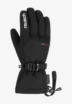 Guantes de softshell negros con una superficie texturizada, correa de muñeca ajustable y cordón de tirón para un ajuste seguro. Presenta una marca en el guante.