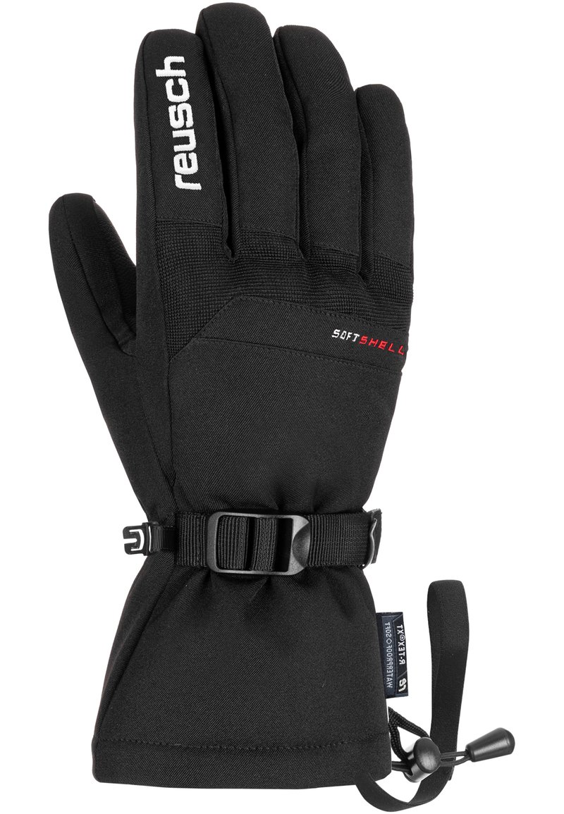 Black softshell gloves with a textured surface, adjustable wrist strap, and pull cord for a secure fit. Features branding on the glove.
