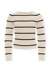Beżowy sweter z długim rękawem w żeberkowym wzorze, z okrągłym dekoltem i poziomymi czarnymi paskami na korpusie i rękawach.