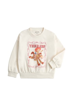 Hvid sweatshirt med en tegneserie cowboy-pige, der rider på en brun hest, og ordet "YEEHAW" i pink over dem.