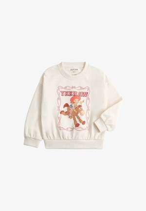 Hvid sweatshirt med en tegneserie cowboy-pige, der rider på en brun hest, og ordet "YEEHAW" i pink over dem.