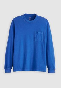 Long-sleeve blue cotton t-shirt with a crew neck and a chest pocket featuring embossed logo detail. Simple design with relaxed fit.