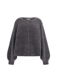 Grau, gerippter Strickcardigan mit rundem Ausschnitt, sieben Knöpfen auf der Vorderseite und weitem Ärmel. Weicher Griff und lässiges Design.