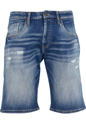 Jeansshorts, hellblau mit Ausbleichungen und abgenutzten Details, fünf Taschen, gestickte Akzente, gerade Schnittform und umgeschlagener Saum.