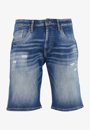 Șorturi din denim, bleu deschis, cu detalii de decolorare și uzură, cinci buzunare, accente cusute, croială dreaptă și tiv rulat.