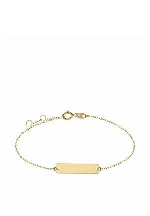 Fijne gouden kettingarmband met een kleine rechthoekige blanco naamplaat en een veerring sluiting.