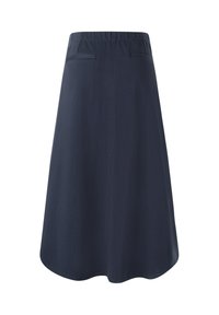 Navy sininen A-linjainen hame, jossa on sileä pinta, joustava vyötärö ja kaksi takataskua, polvimittainen leikkaus ja hienovarainen väljentyminen.