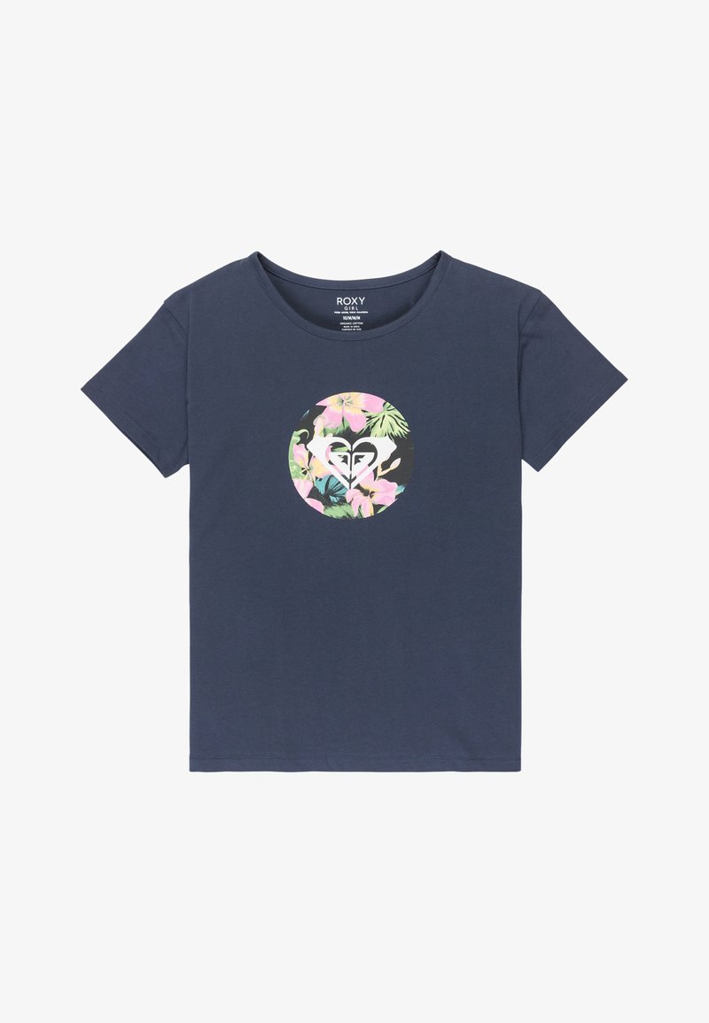 Marineblå bomulds T-shirt med korte ærmer. Har et cirkulært blomsterdesign i pink og grøn, centreret på brystet. Rund halsudskæring.