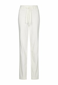 Pantalones blancos ligeros con una textura suave, que cuentan con una amplia cintura elástica y un detalle de cinturón atado. Diseño de pierna recta.