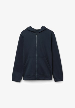 Dunkelblaue Zip-Hoodie aus weichem Stoff, mit gefütterter Kapuze, zwei Fronttaschen und elastischen Bündchen an den Handgelenken.