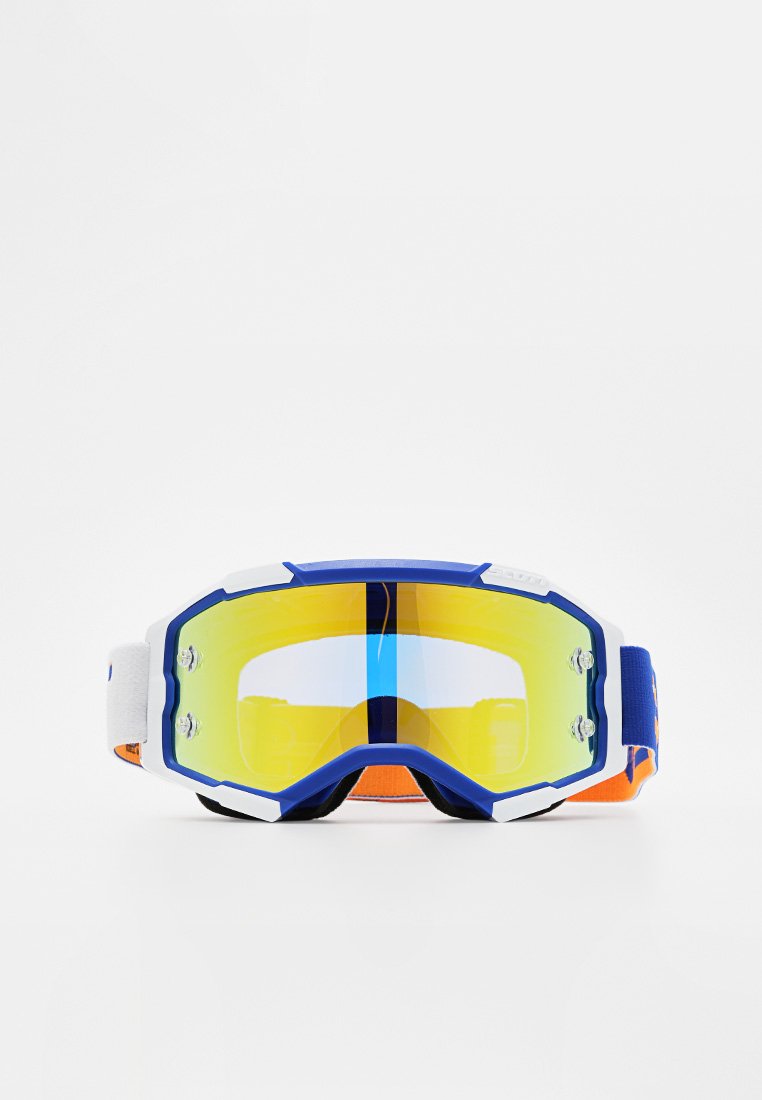 Gafas de esquí con un marco azul y blanco, lentes de tintado amarillo, correa ajustable naranja y dos agujeros de ventilación a cada lado.