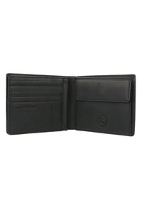 Black leather wallet with multiple card slots and a coin pocket. Features a textured interior and embossed logo detail on the side.