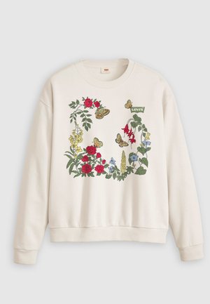 Ljusbeige sweatshirt med blommor och fjärilar broderade i rött, gult, blått och grönt. "Levi's" logotagg på framsidan.