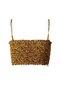 Luipaardprint crop top met gerimpelde textuur, voorzien van dunne verstelbare bandjes, in tinten geel, zwart en wit.