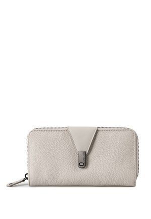 Light gray textured leather wallet with a zipper closure and a central flap secured by a small metal clasp on a white background.