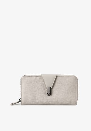 Light gray textured leather wallet with a zipper closure and a central flap secured by a small metal clasp on a white background.