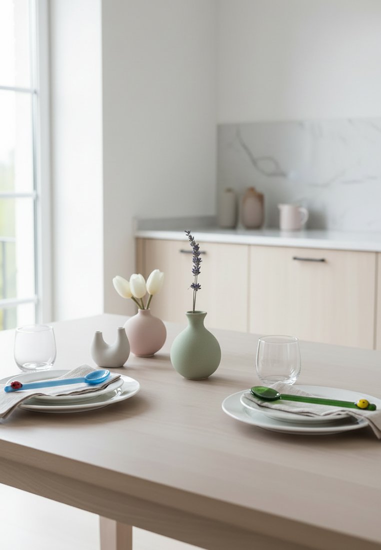 Minimalistyczny zestaw stołowy dla dwóch osób z talerzami, serwetkami, kolorowymi łyżkami, kieliszkami oraz wazonami z białymi tulipanami i gałązką lawendy.