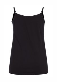 Zwarte camisole-top met dunne verstelbare bandjes, gemaakt van zachte katoen. Eenvoudig, recht gesneden ontwerp zonder versieringen.