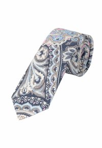 Marineblauer Krawatte mit aufwändigen Paisleymustern in Blau, Beige und Pink; aus strukturiertem Stoff; gerollte Form, spitze Enden.