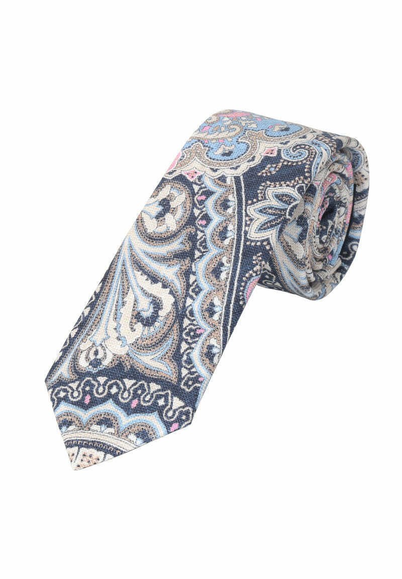 Marineblauer Krawatte mit aufwändigen Paisleymustern in Blau, Beige und Pink; aus strukturiertem Stoff; gerollte Form, spitze Enden.