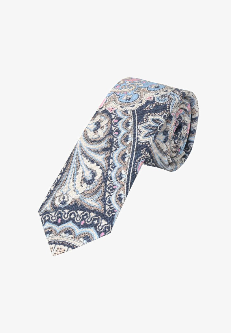 Marineblauer Krawatte mit aufwändigen Paisleymustern in Blau, Beige und Pink; aus strukturiertem Stoff; gerollte Form, spitze Enden.