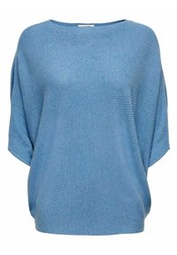 Haut en maille bleu avec un large col, des manches courtes et une coupe décontractée. Caractérisé par une texture côtelée et un tissu léger.