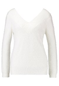 Maglione bianco fluffy a maglia con scollatura a V profonda e maniche lunghe. Il materiale sembra morbido e texturizzato, con orlo a coste.