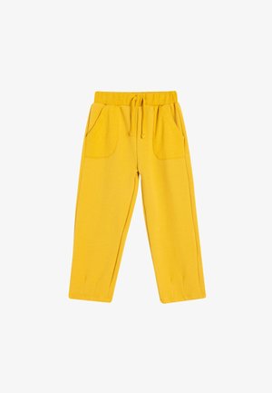 Geel trainingsbroek met een elastische tailleband, twee zijzakken en een geribbelde structuur. Recht model met gestikte zoomdetails.