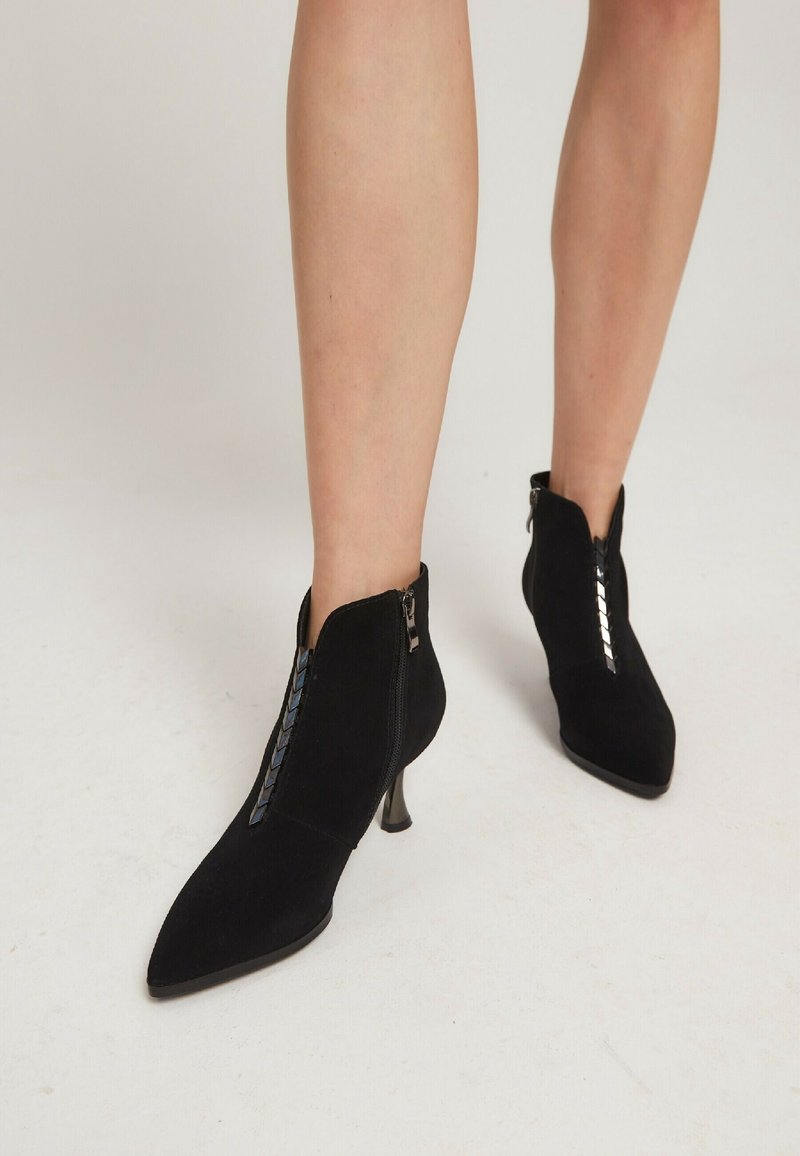 Botines de ante negro con punta afilada, que cuentan con cierre de cremallera y acentos metálicos a lo largo de la cremallera. Tacones delgados y angulados.