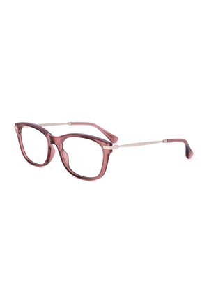 Occhiali da vista viola traslucidi a forma di occhio di gatto con sottili aste in metallo argento e lenti correttive trasparenti su sfondo bianco.