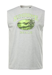 Maglietta grigia senza maniche con una grafica vibrante di palme e onde in verde, con il testo "SUNSHINE MIAMI BEACH" sopra.