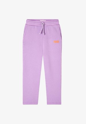 Pantaloni della tuta viola in tessuto morbido, con elastico in vita e coulisse, tasche laterali. Logo "American Vintage" in arancione.