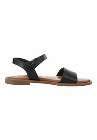 Black leather sandals with flat brown sole, open toe, and adjustable ankle strap. Simple design with smooth texture and minimal hardware.
