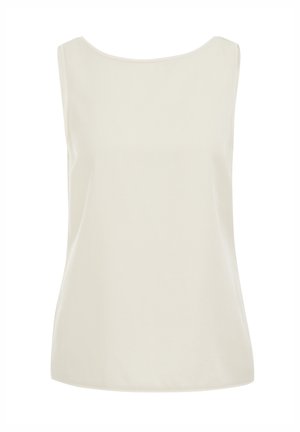 Ærmeløs, elfenbensfarvet dameskjorte med rund halsudskæring og et glat, let flydende stof.