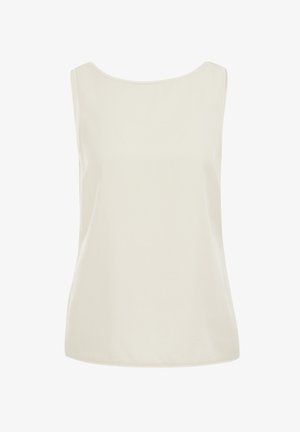 Bezrękawowa, kremowa bluzka damska z okrągłym dekoltem i gładkim, lekko zwiewnym materiałem.