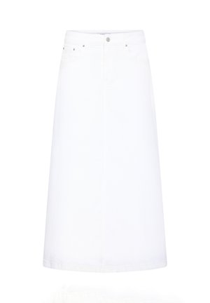 Gonna midi in denim bianco con taglio dritto, chiusura a bottoni e zip, e design a cinque tasche. Tessuto liscio con dettagli minimi.