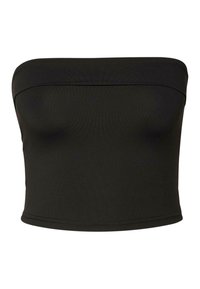 Top negru fără bretele, realizat dintr-un material neted. Design mulat cu un decolteu drept și margini curate, finisate. Fără modele sau embellishments.