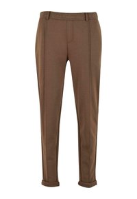 Brown trousers made of soft fabric, featuring a tapered leg, elastic waistband, and cuffed hems. Includes subtle front seam detailing.