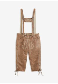 Lederhosen marroni con design ricamati, bretelle regolabili, tasche anteriori e chiusure a bottone all'orlo, realizzati in materiale testurizzato.