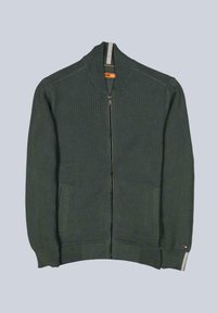 Strick-Cardigan mit Reißverschluss in Dunkelgrün, mit strukturierter Webart, gerippten Bündchen und Saum sowie seitlichen Taschen. Kontrastierendes Innenkragen-Detail.