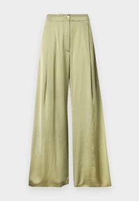 Wide-leg trousers in pale green satin, featuring a button closure, front pleats, and a smooth texture. Designed with a high-waist fit.