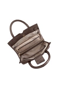 Bruine krokodillenleer tote met een open bovenkant, met een beige stoffen interieur, een ritsvak en twee open vakken.