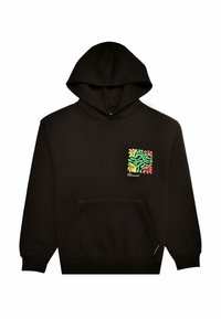 Sudadera negra con bolsillo delantero, que presenta un diseño abstracto colorido en el área izquierda del pecho. El material parece suave, con un ajuste estándar.