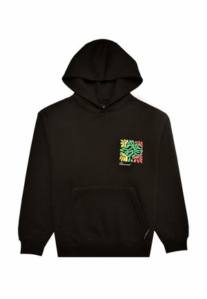 Black hoodie with front pocket, featuring a colorful abstract design on the left chest area. Material appears soft, with a standard fit.