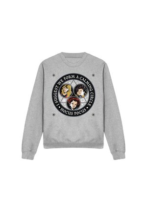 Gray cotton sweatshirt featuring a round graphic with three characters, text "I suggest we form a calming circle," black accents, and stars.