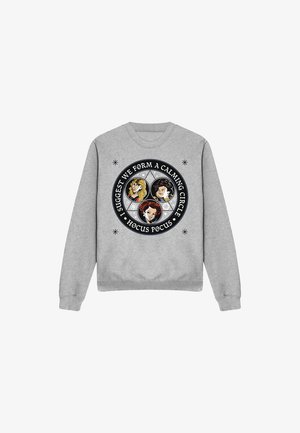 Gray cotton sweatshirt featuring a round graphic with three characters, text "I suggest we form a calming circle," black accents, and stars.